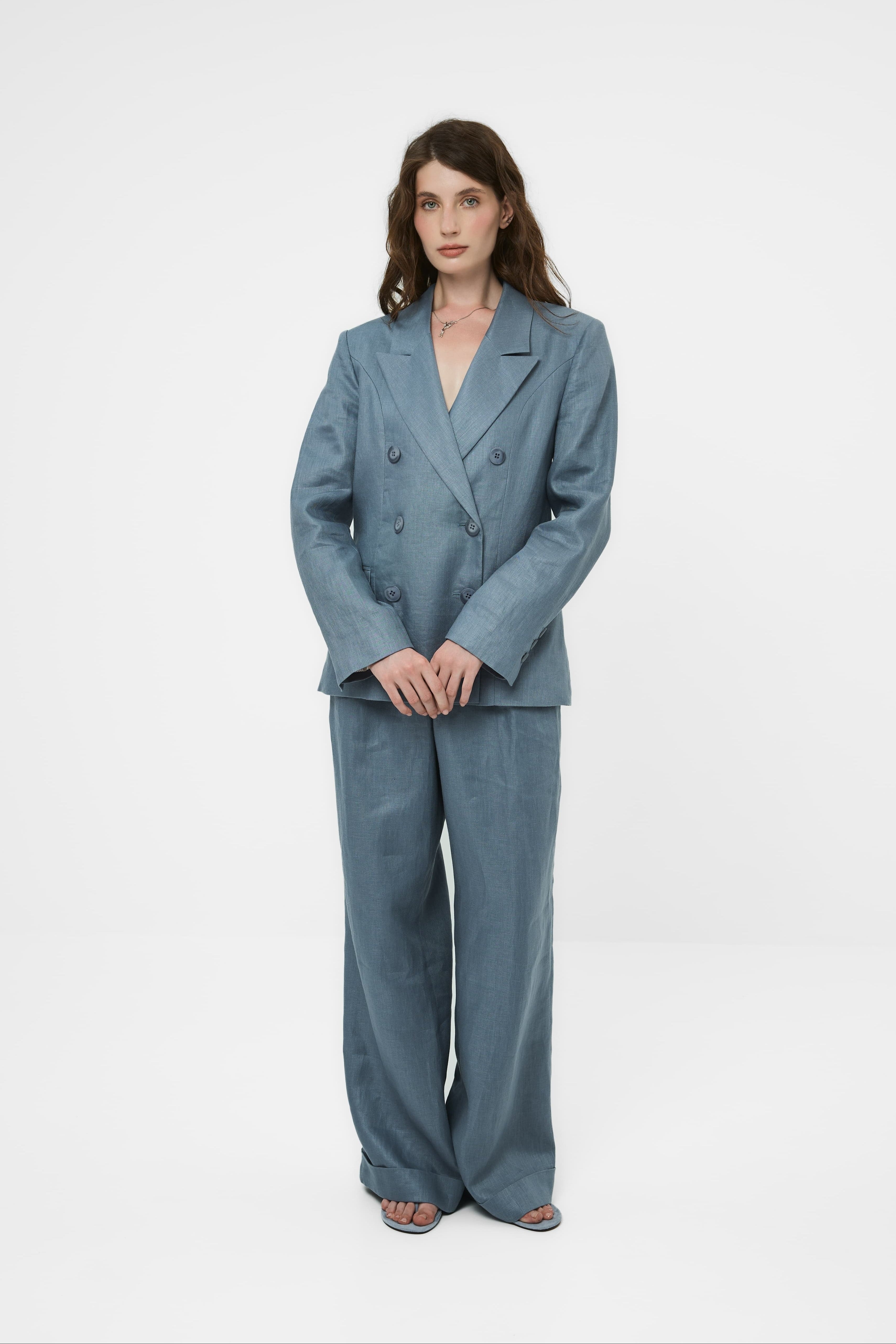 Double-breasted linen jacket in blue